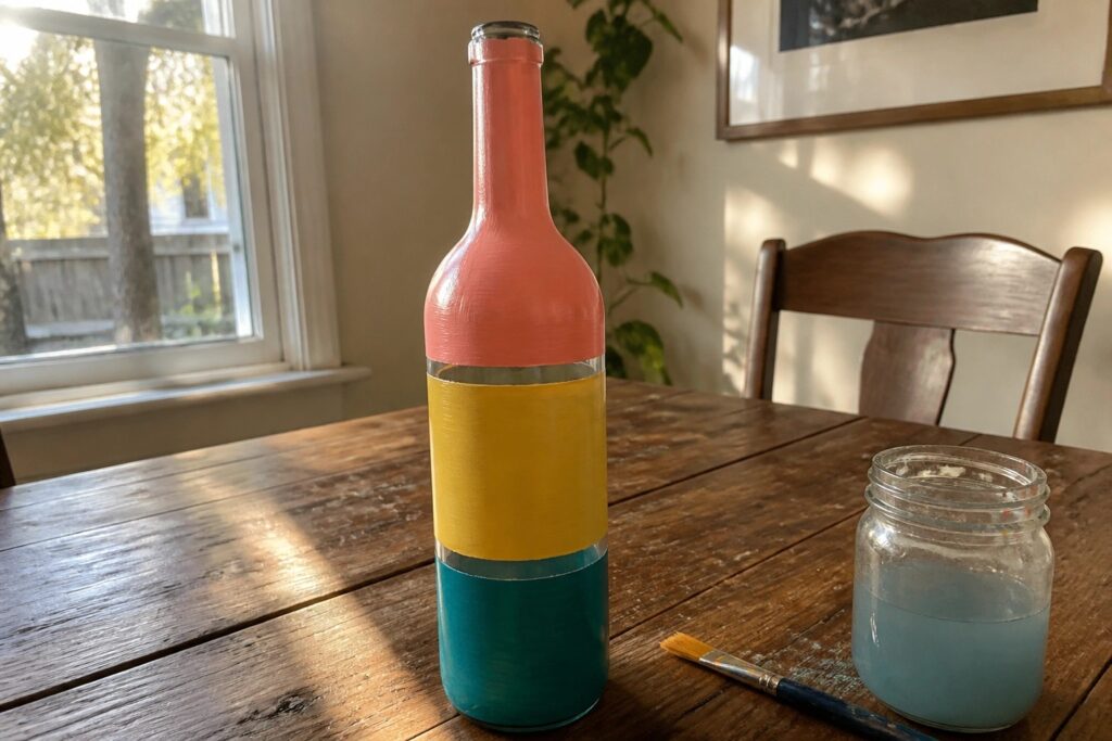 24 Bold Acrylic Bottle Painting Ideas Built Around Color-Blocked Designs Painted wine bottle with red, yellow, and teal horizontal bands beside paintbrush on wood