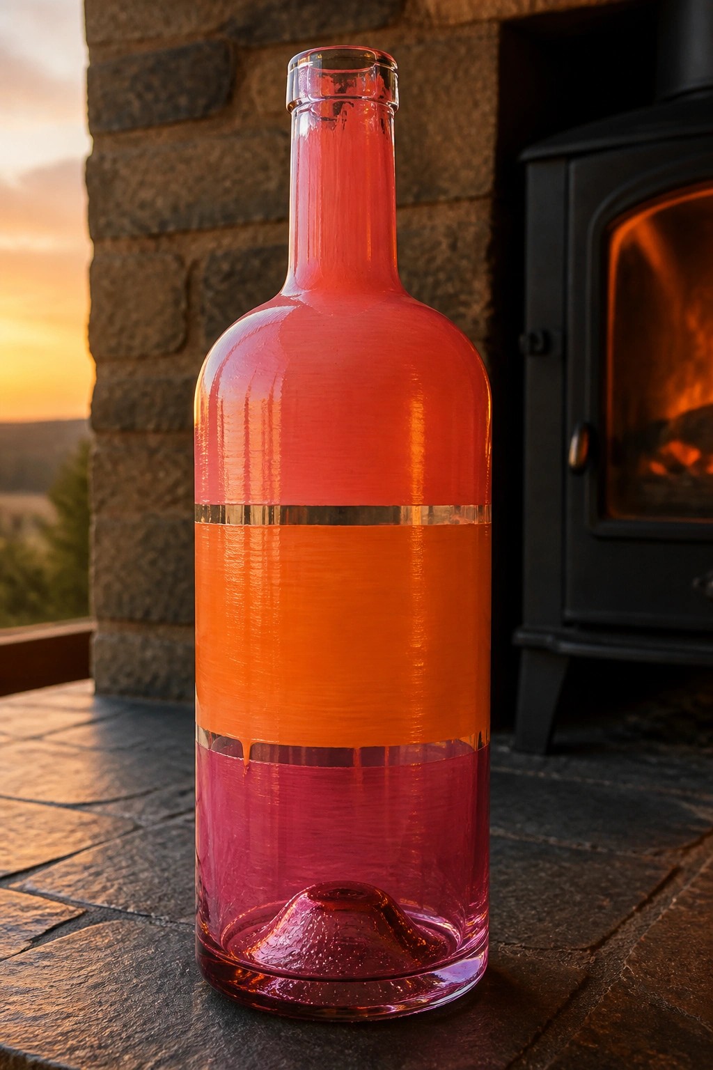 Gradient red-orange-pink painted bottle with gold bands beside stone fireplace at sunset.