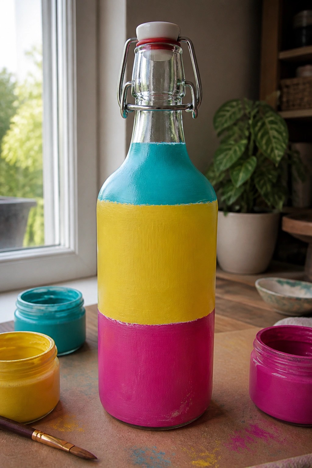Painted glass bottle with pink, yellow, and turquoise stripes amid paint jars and brush