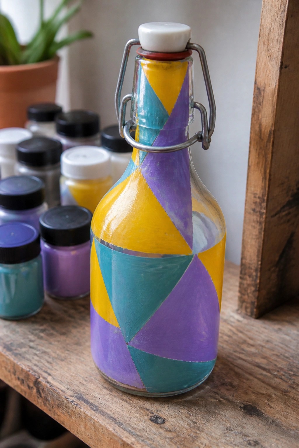 Colorful painted glass bottle with yellow, purple, and teal geometric patterns on wooden table