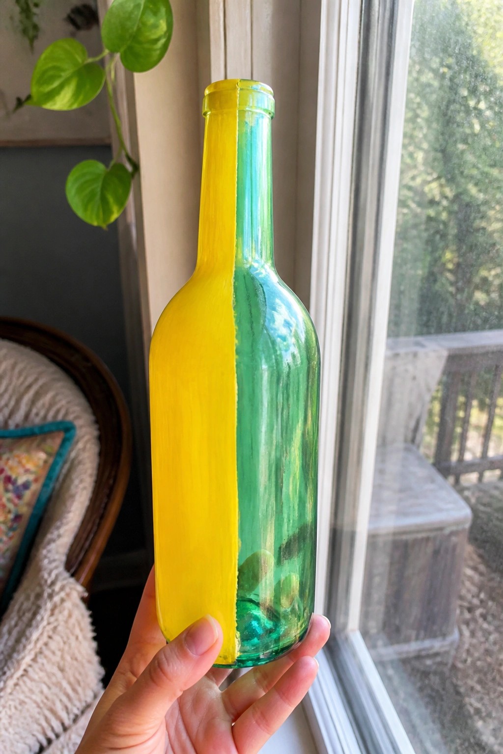 Hand holding a vertically split yellow-and-green painted glass bottle indoors