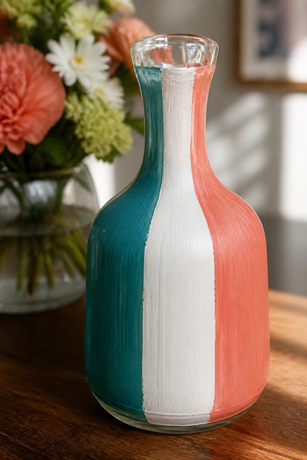 Painted glass bottle with teal, white, and coral vertical stripes on wooden table