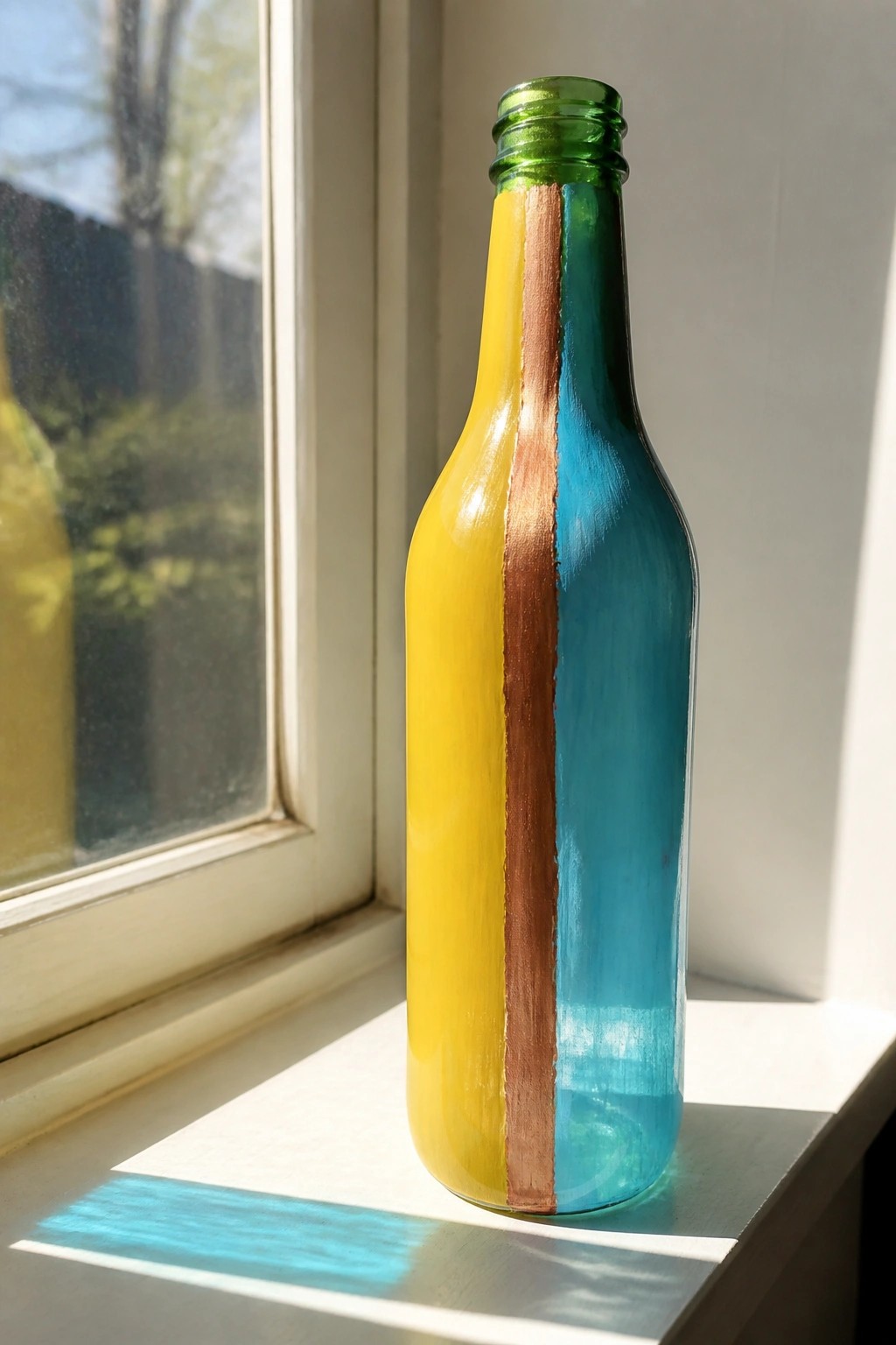 Painted green glass bottle with yellow, brown, and turquoise stripes on sunny windowsill