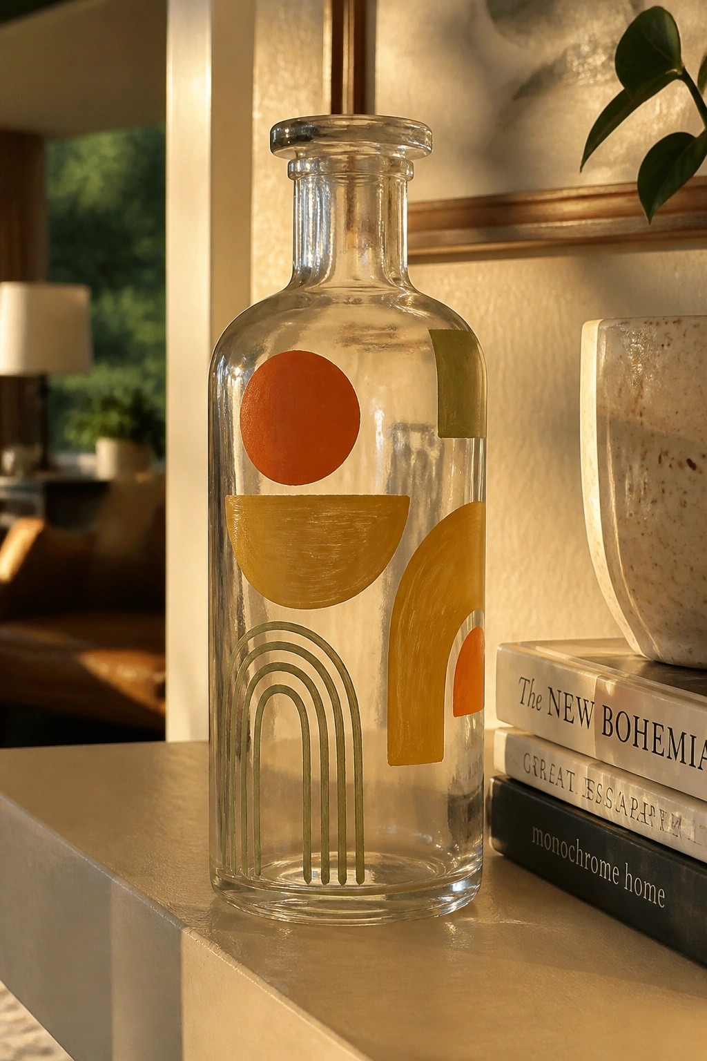 Glass bottle with orange yellow green abstract shapes beside stacked books on shelf