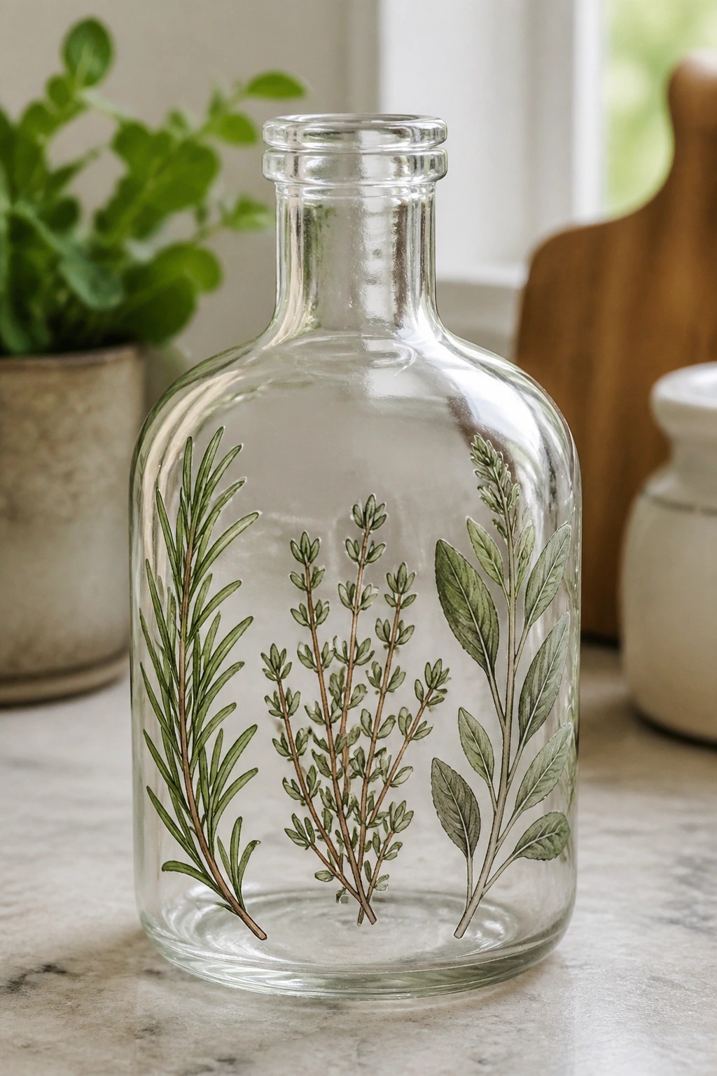 Clear glass bottle with rosemary, thyme, and sage herb illustrations on marble.