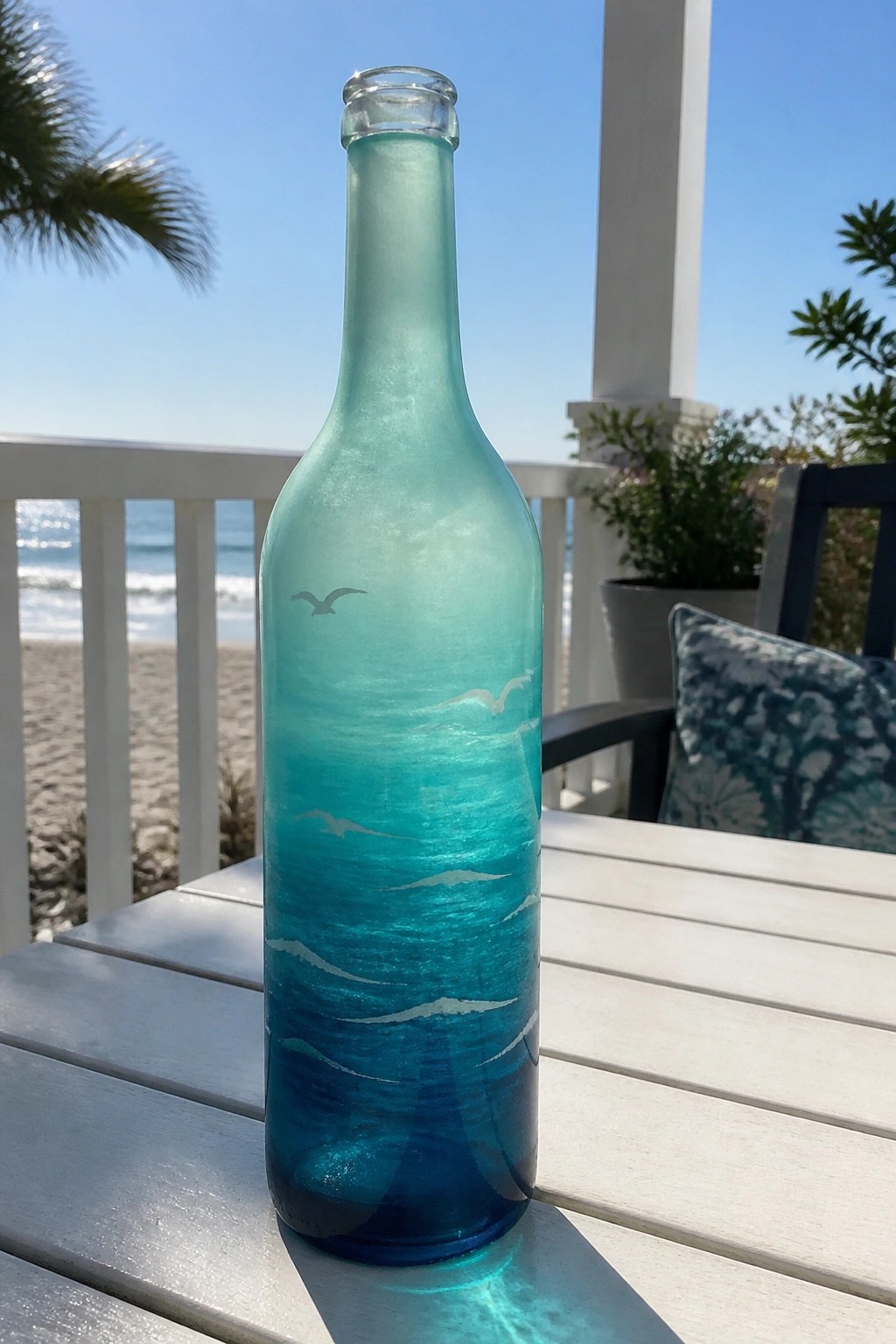 Turquoise glass bottle etched with waves and seagulls on sunny beachside table
