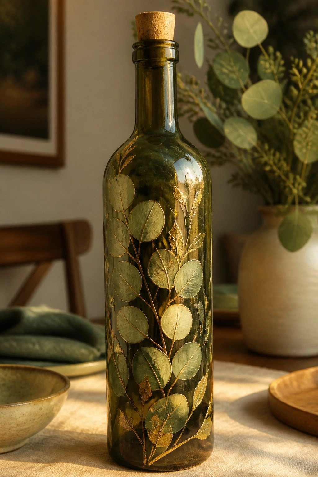 Corked green glass bottle painted with gold-trimmed eucalyptus leaves on a sunlit table.