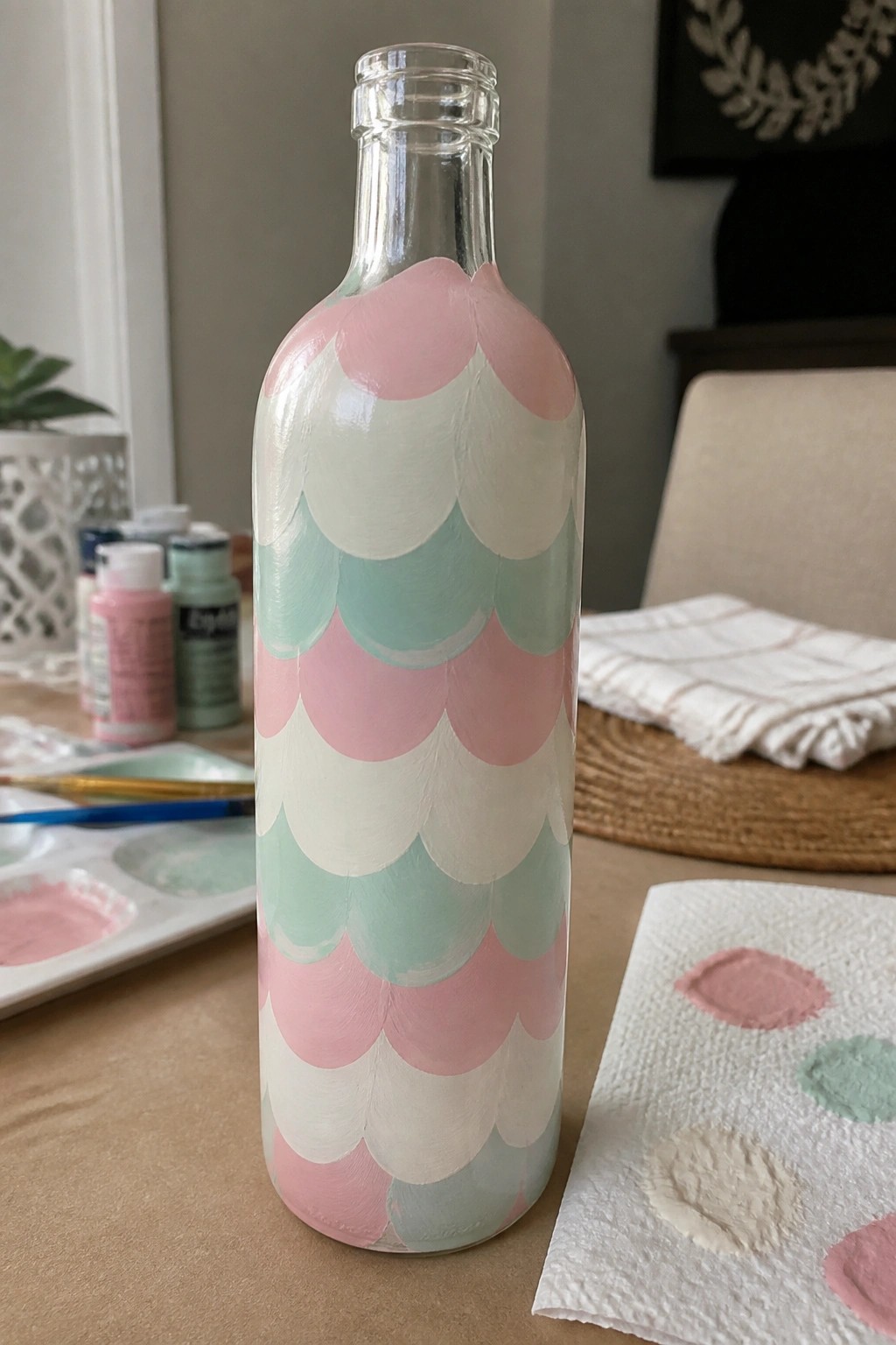 Glass bottle painted with pink, mint green, and white overlapping scallop patterns on table
