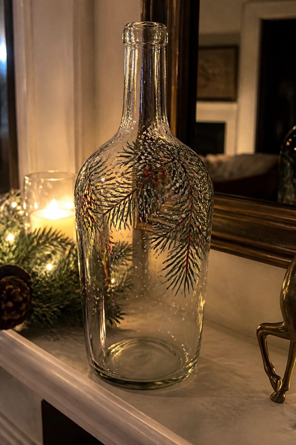 Clear glass bottle with painted pine branches, red berries, and snow on marble mantel.