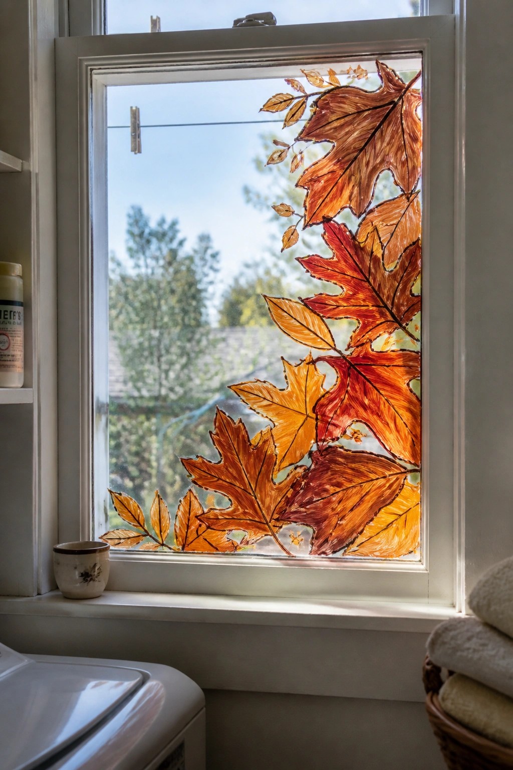 Window with vibrant orange-red autumn leaves above washing machine and towel basket