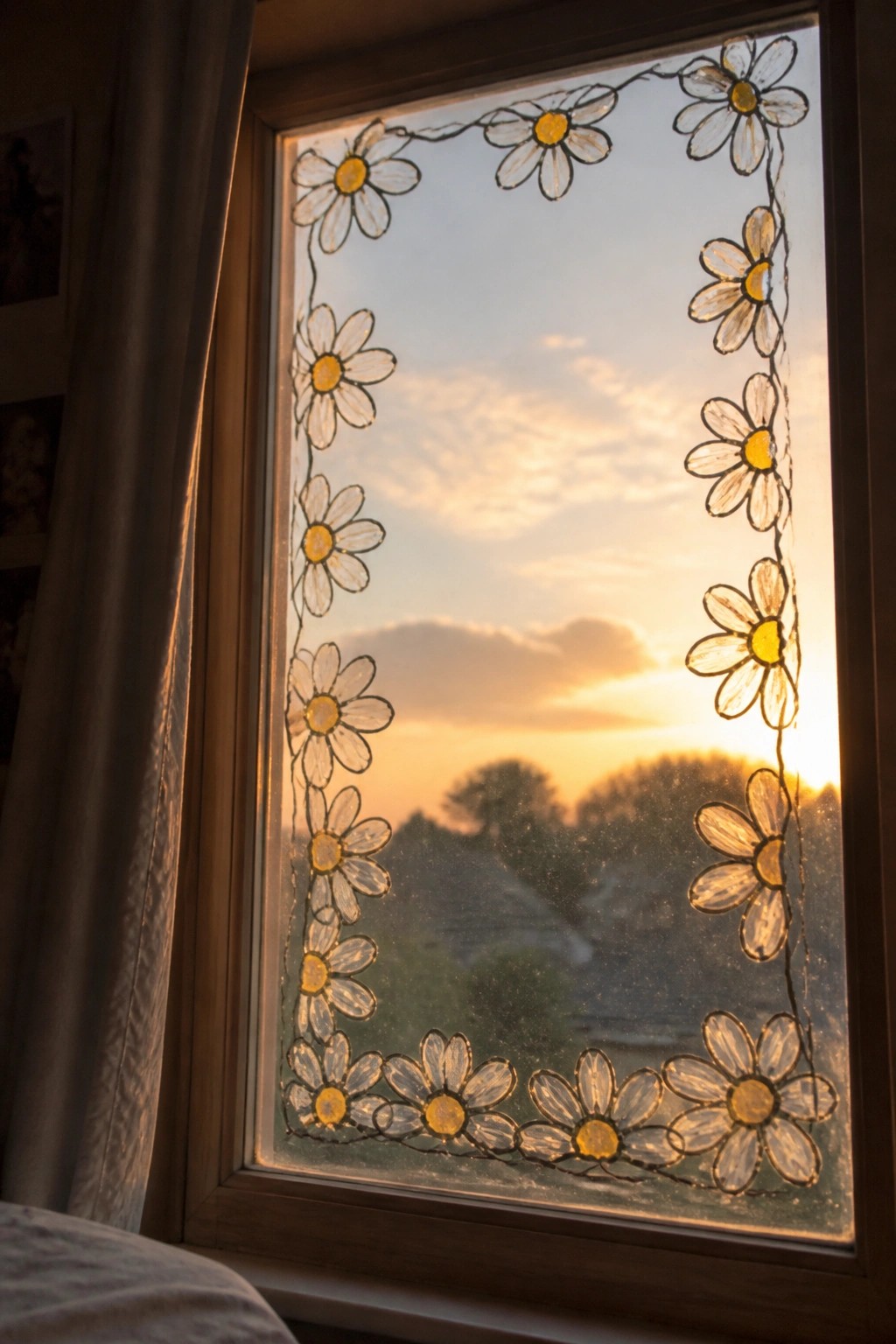 Window with painted daisy chain framing sunset over trees and houses.