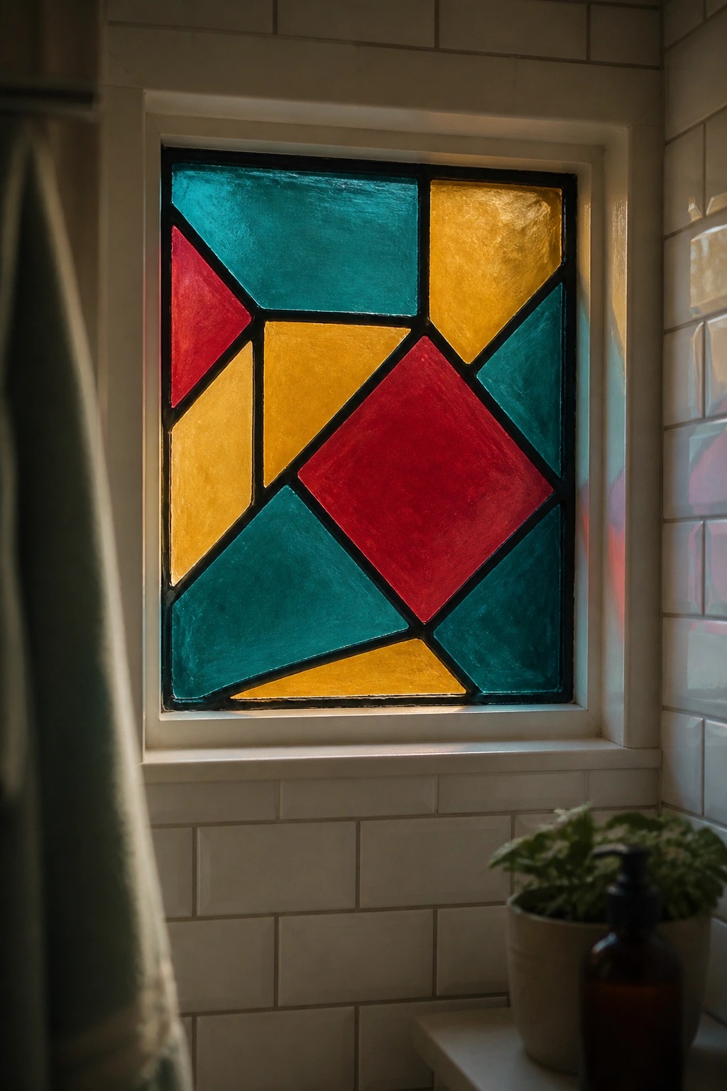 Colorful geometric stained glass window above white tiled bathroom windowsill with plant.