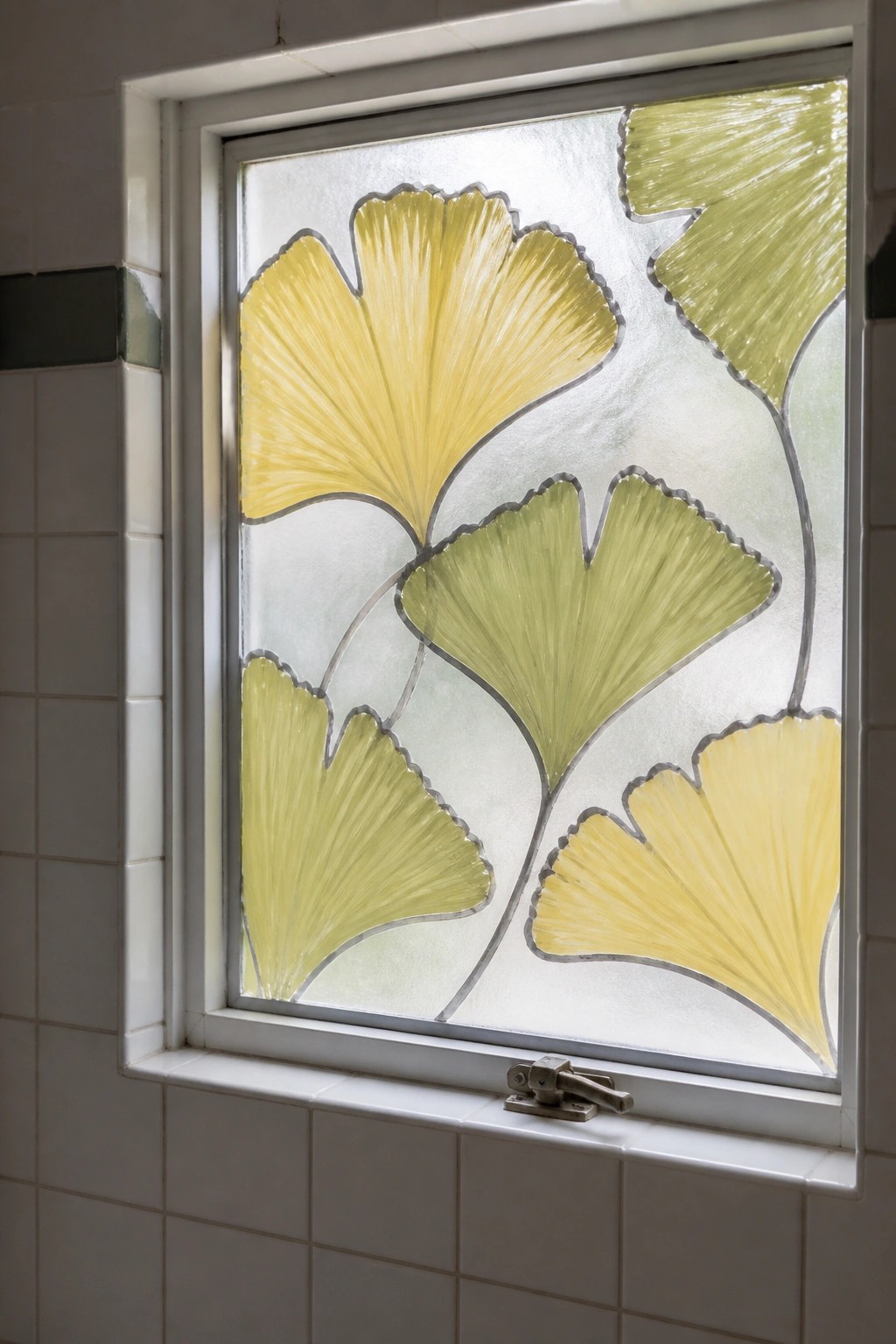 Window with yellow and green ginkgo leaf patterns on frosted glass in tiled wall