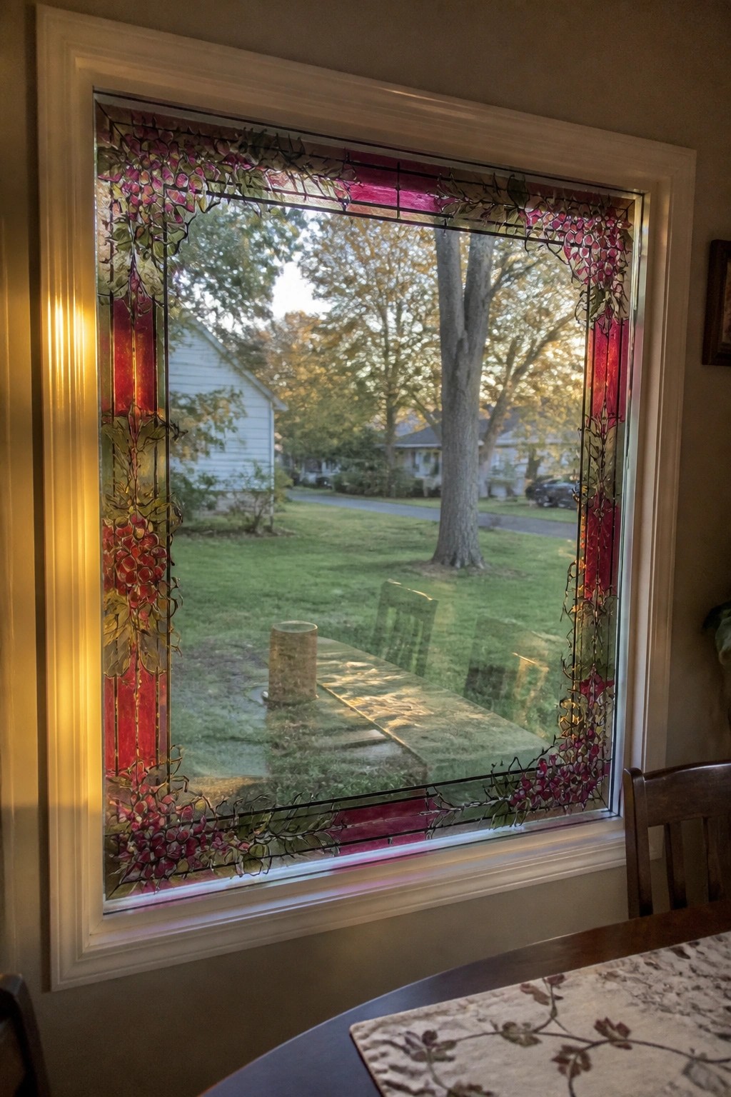 Stained glass window with grapevines framing backyard picnic table, trees, and green lawn at sunset