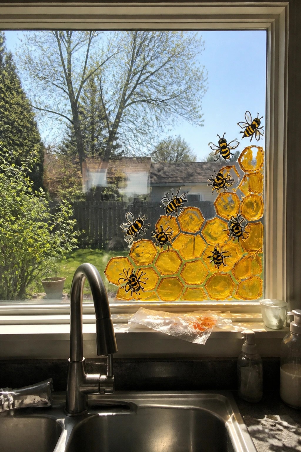 Kitchen window with yellow honeycomb and bee decorations above sink and faucet