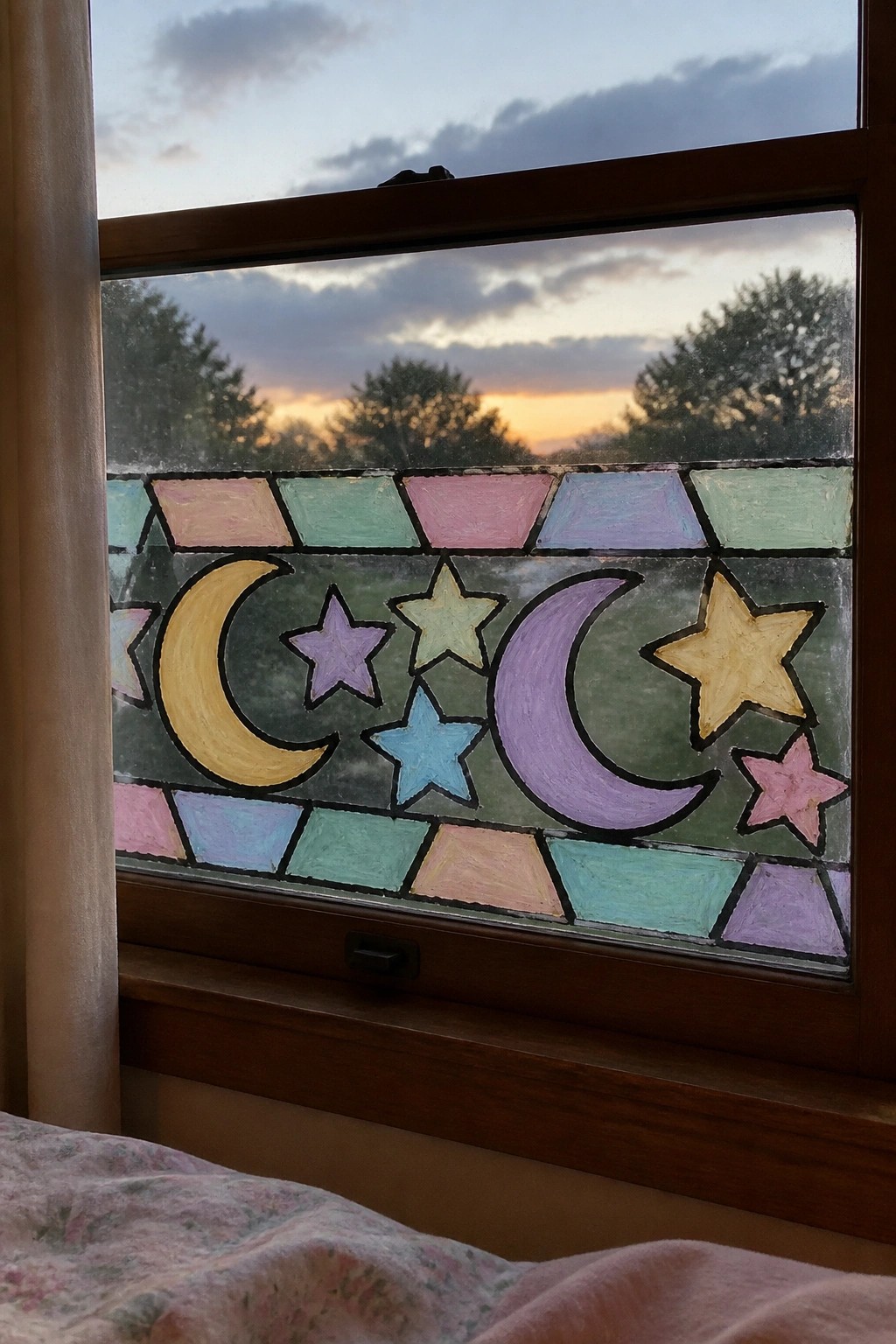Pastel painted crescent moons and stars on bedroom window at sunset