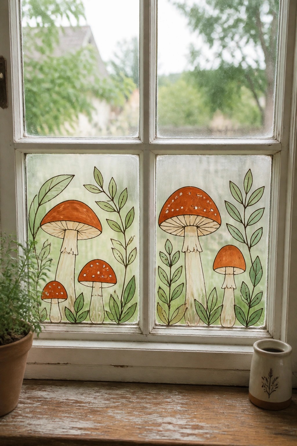 Window with orange mushroom and leaf paintings, potted plant and cup on wooden sill