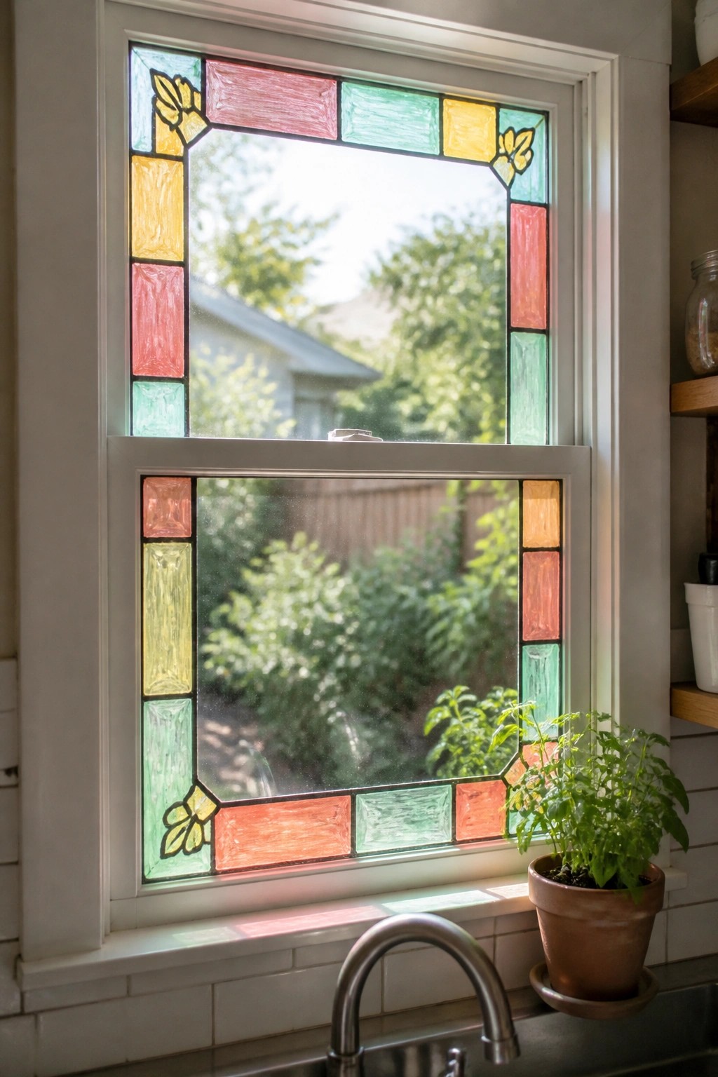 Stained glass kitchen window above sink with potted plant on windowsill