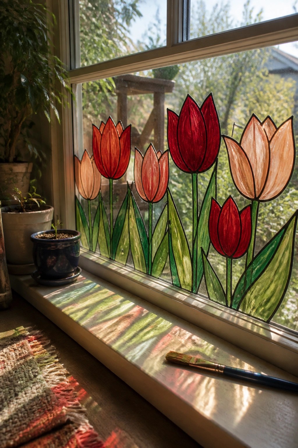 Stained glass tulips on sunny window casting colorful shadows beside paintbrush and plants