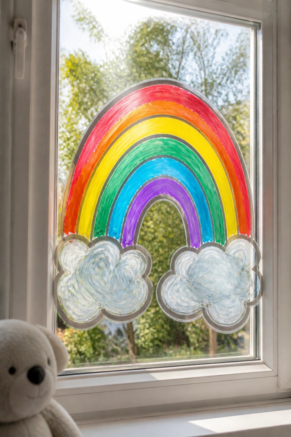 A rainbow painted in curved bands on a window with cloud shapes at the base and a teddy bear visible below.