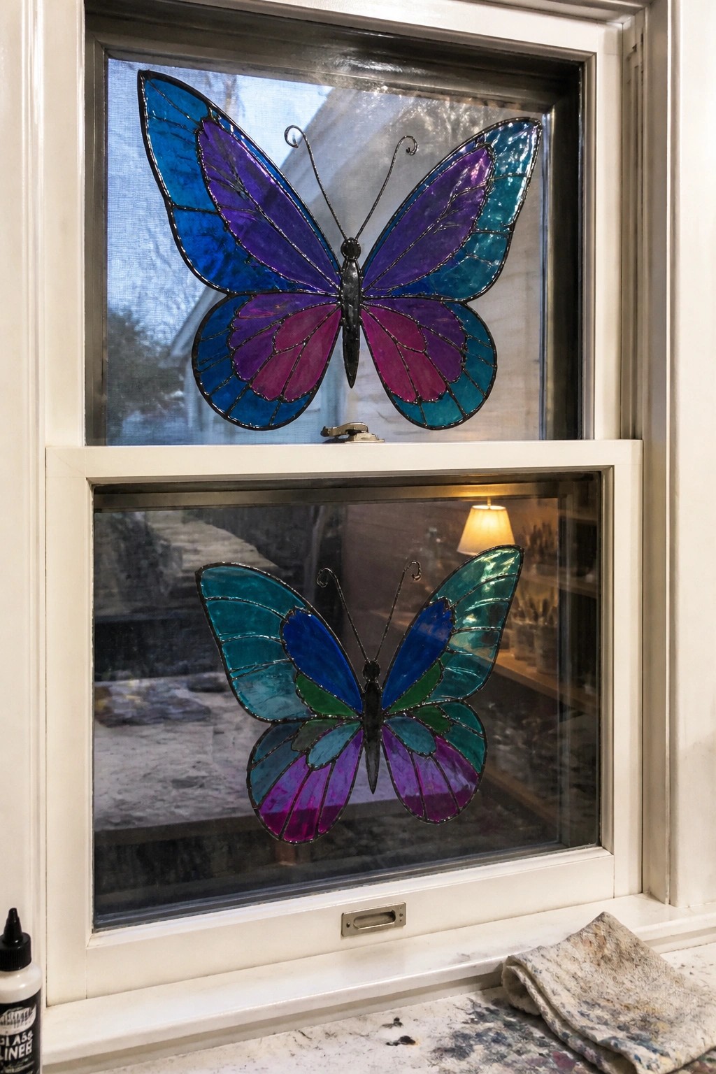 Two colorful stained glass butterflies on panes of a white window.