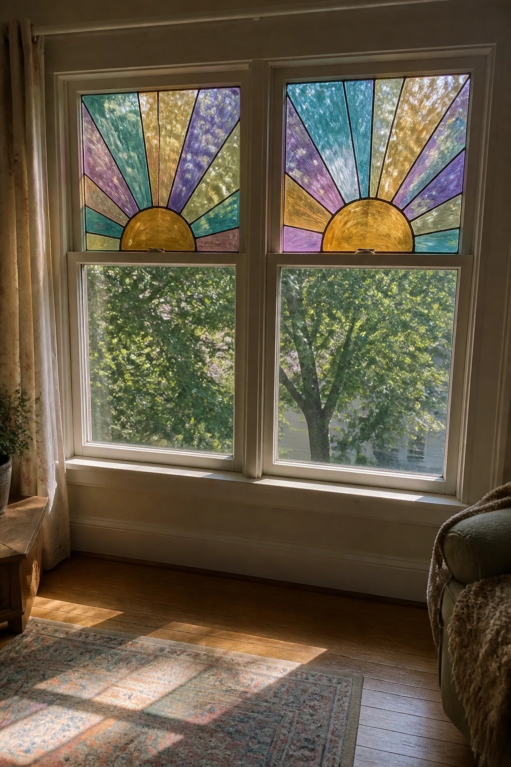 Sunlight through stained glass sun designs casts colorful patterns on a rug