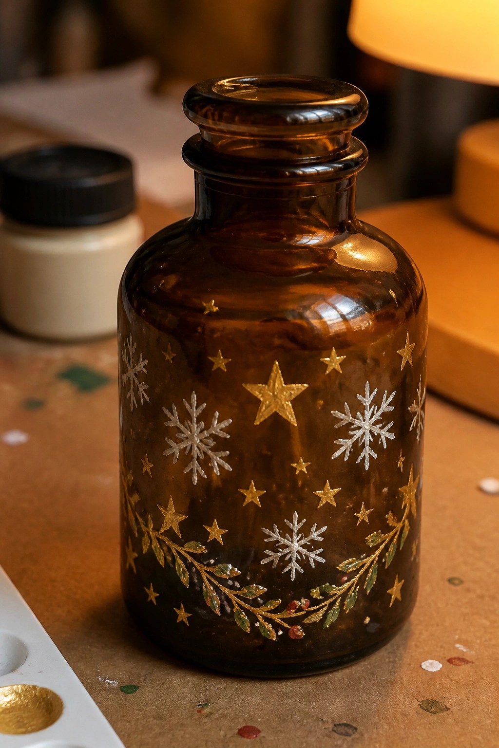 Amber glass bottle with gold stars, silver snowflakes, and leafy wreath on paint table