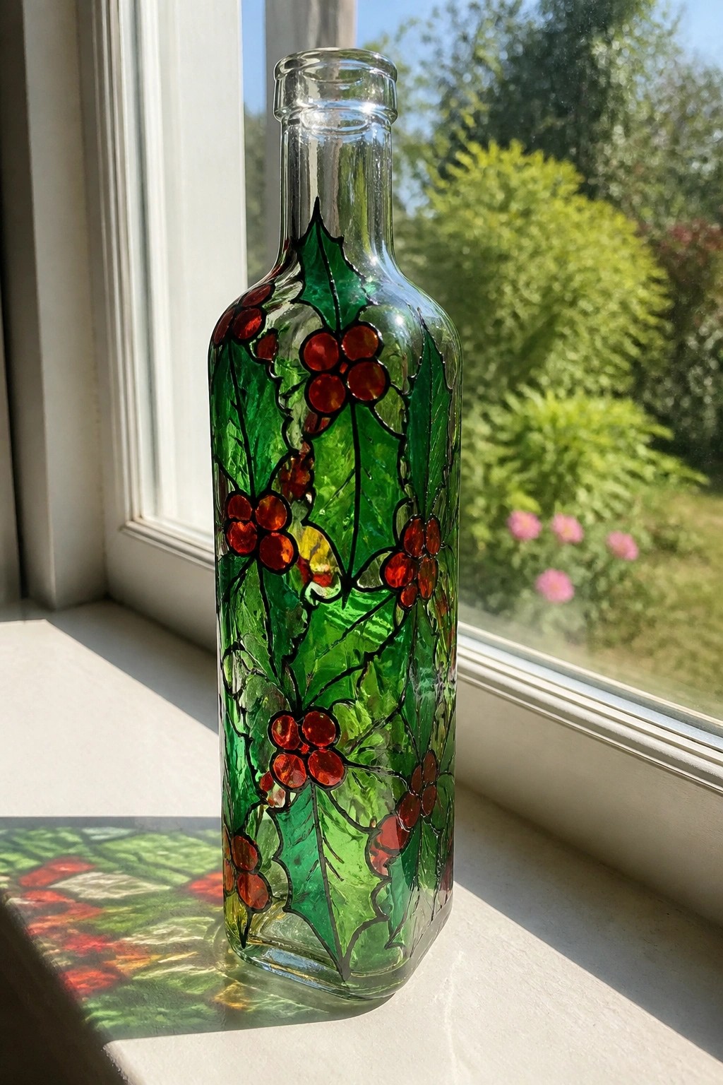 Stained-glass holly bottle with red berries on sunlit windowsill casting colorful shadow.