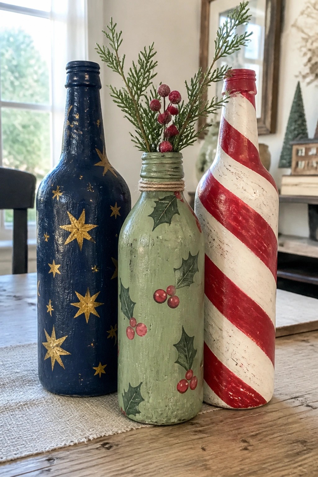 Three painted bottles: blue with gold stars, green holly, red-white candy cane stripes.