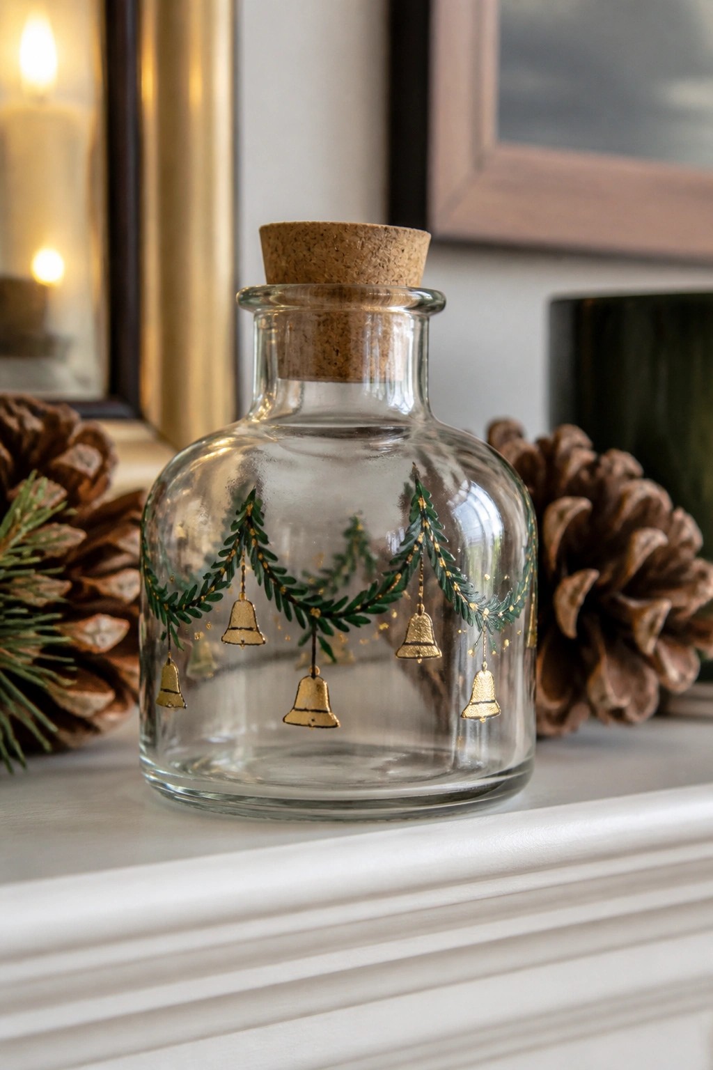 Glass bottle with cork, painted green garlands and gold bells, pinecones nearby