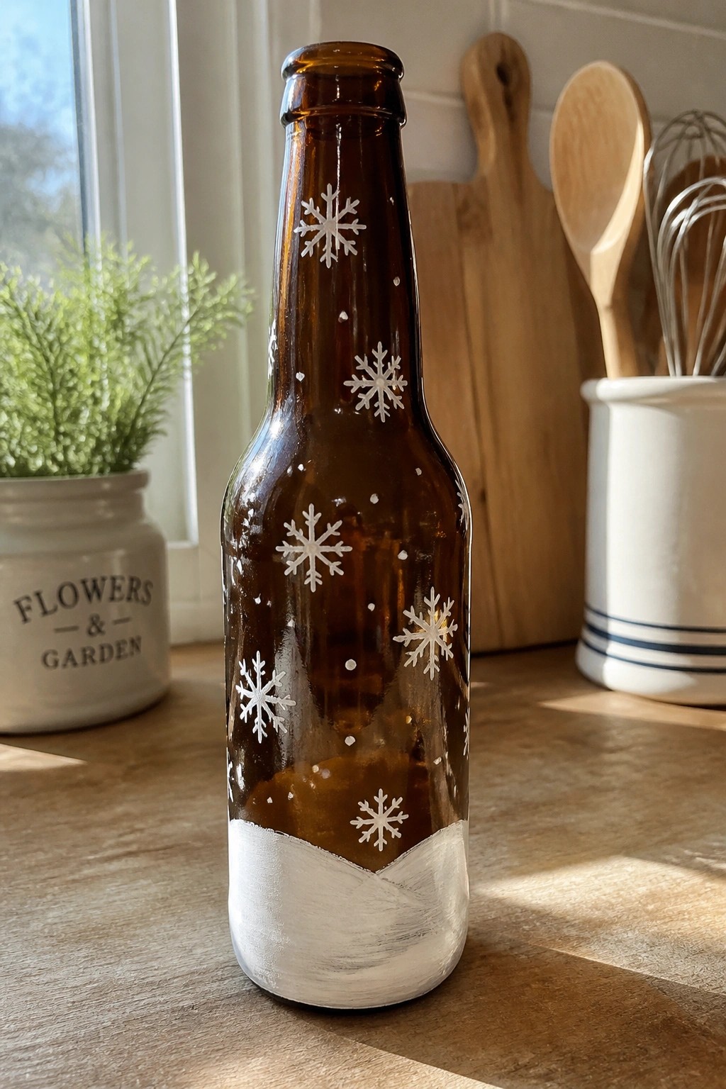 Brown bottle with white snowflakes and snowy base on kitchen counter