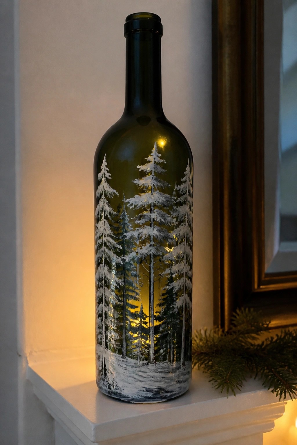 Illuminated green bottle etched with snowy pine forest and warm glowing light