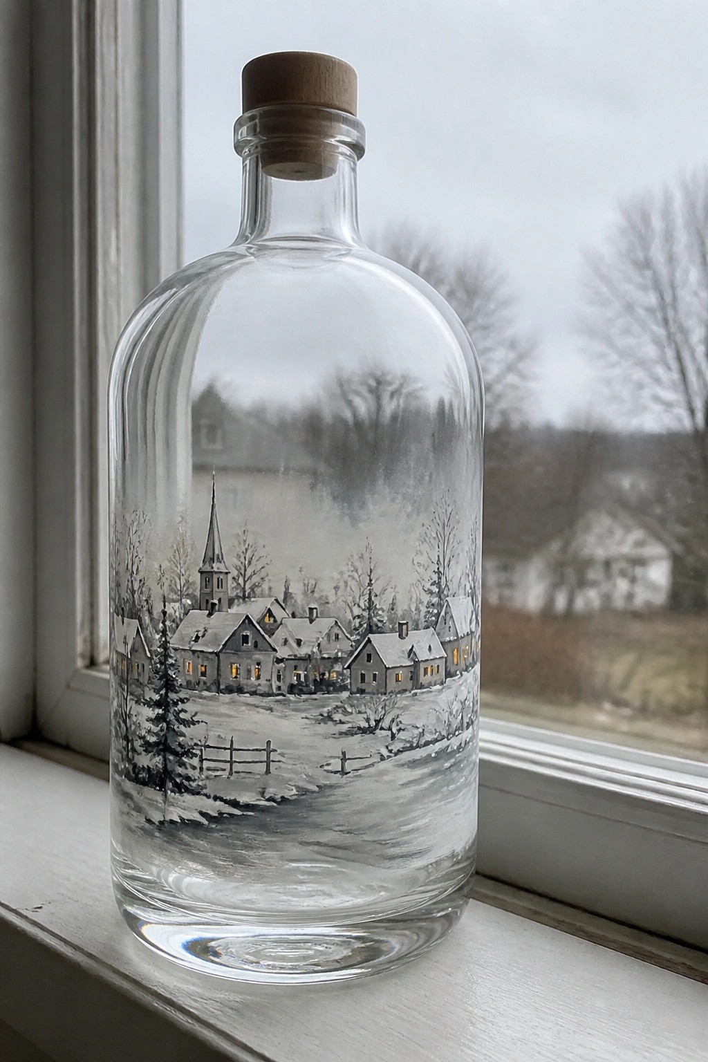 Clear glass bottle with cork on windowsill, painted with snowy village scene.