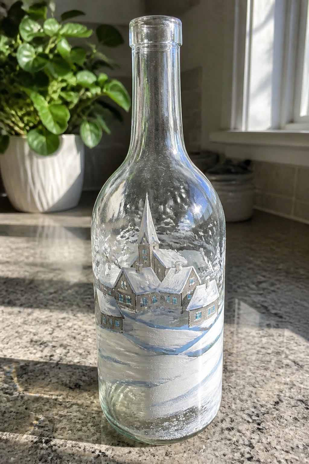 Clear glass bottle etched with snowy village scene of houses and church on countertop