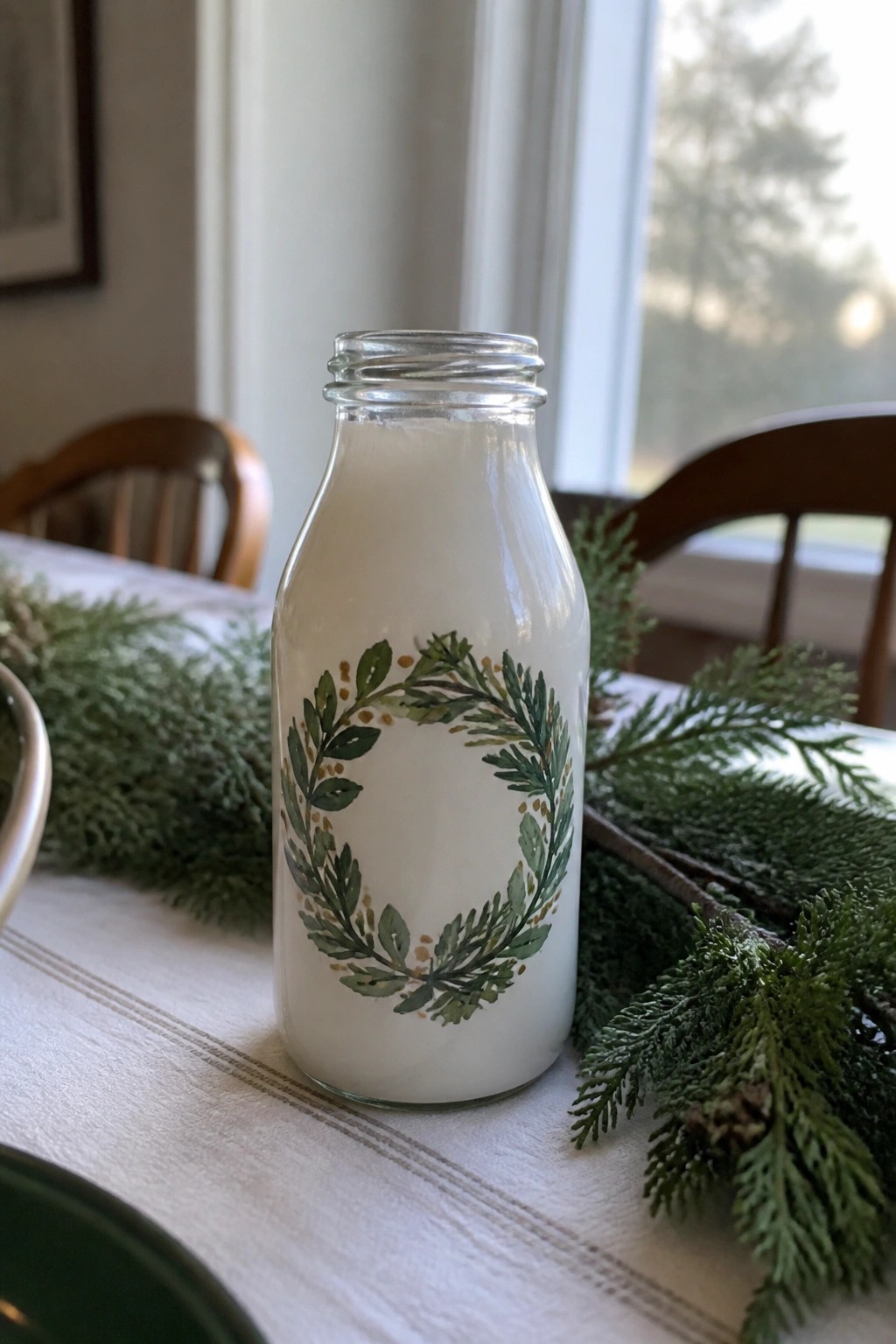 Glass milk bottle with green wreath design on table amid pine branches