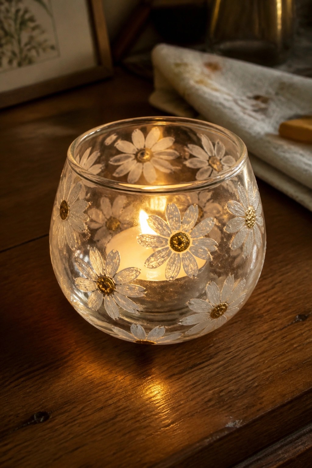 Lit glass candle holder with white daisies and gold centers on wooden table