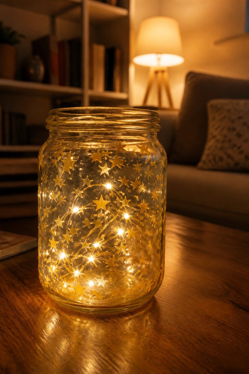 Glowing glass jar with golden star lights on wooden table at night