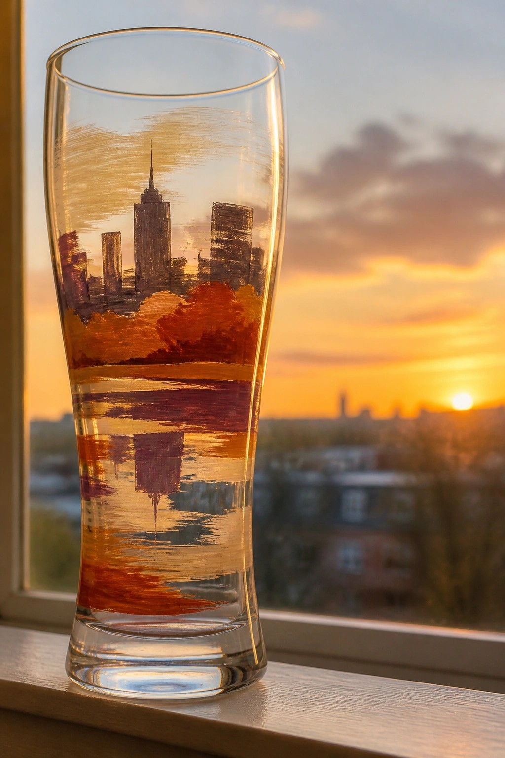 Hand-painted glass with city skyline at sunset on windowsill
