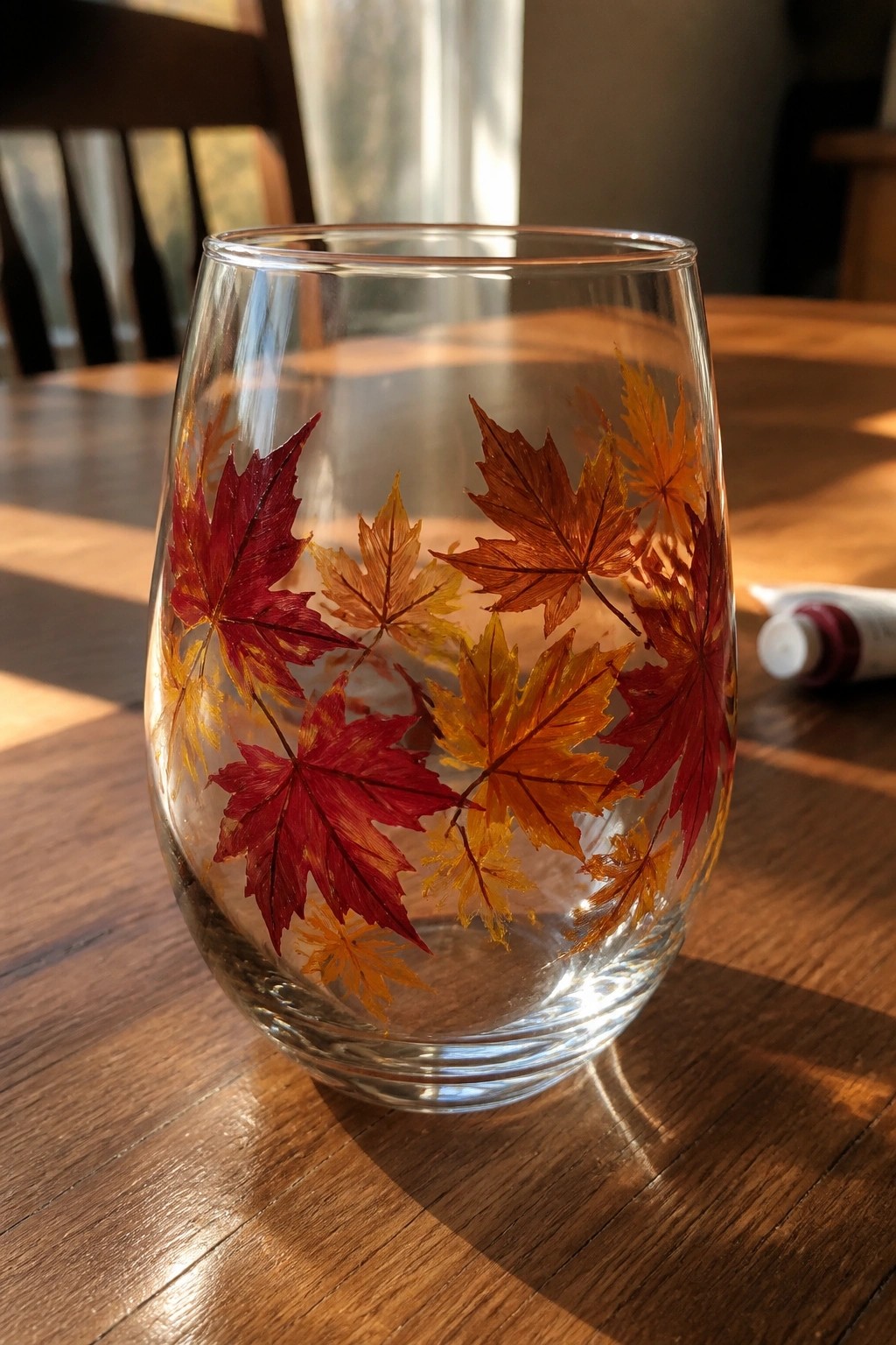 Clear stemless glass painted with red orange yellow maple leaves on wooden table
