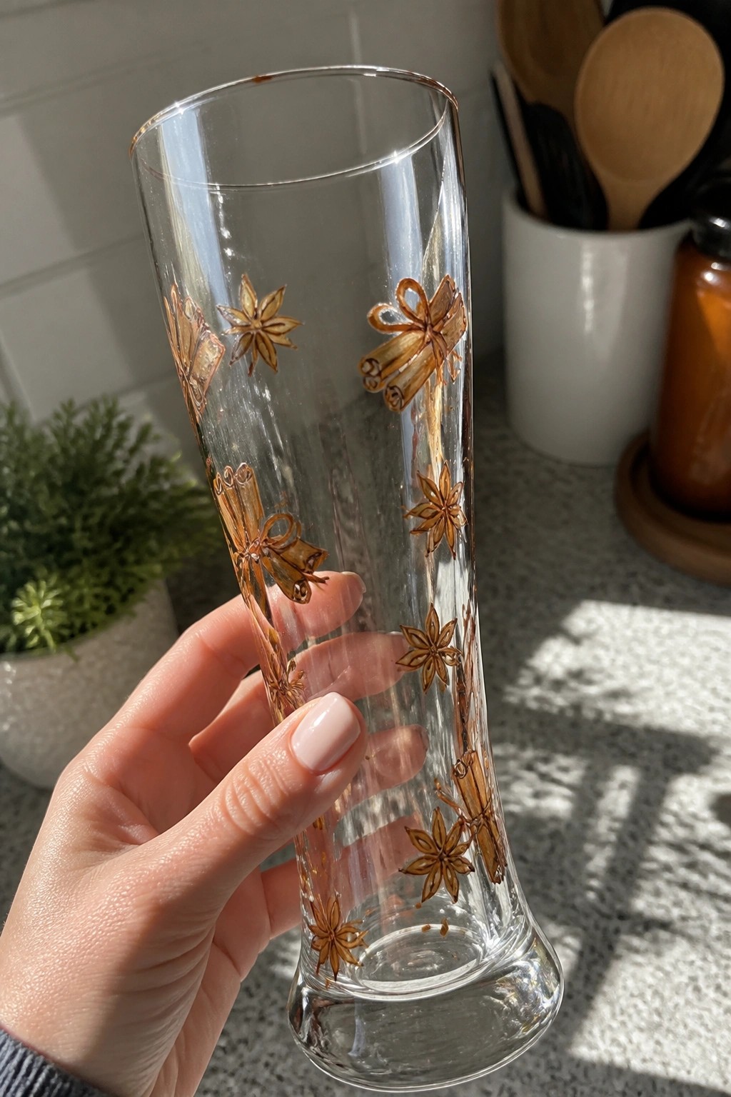 Hand holding tall clear glass decorated with star anise and cinnamon bundles