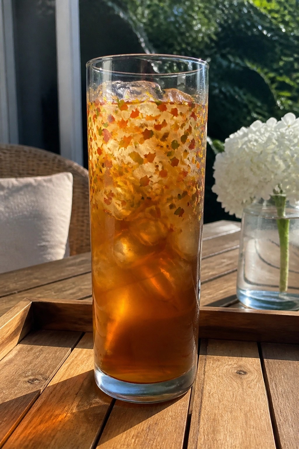 Tall glass of amber iced drink with colorful petals and ice on wooden table