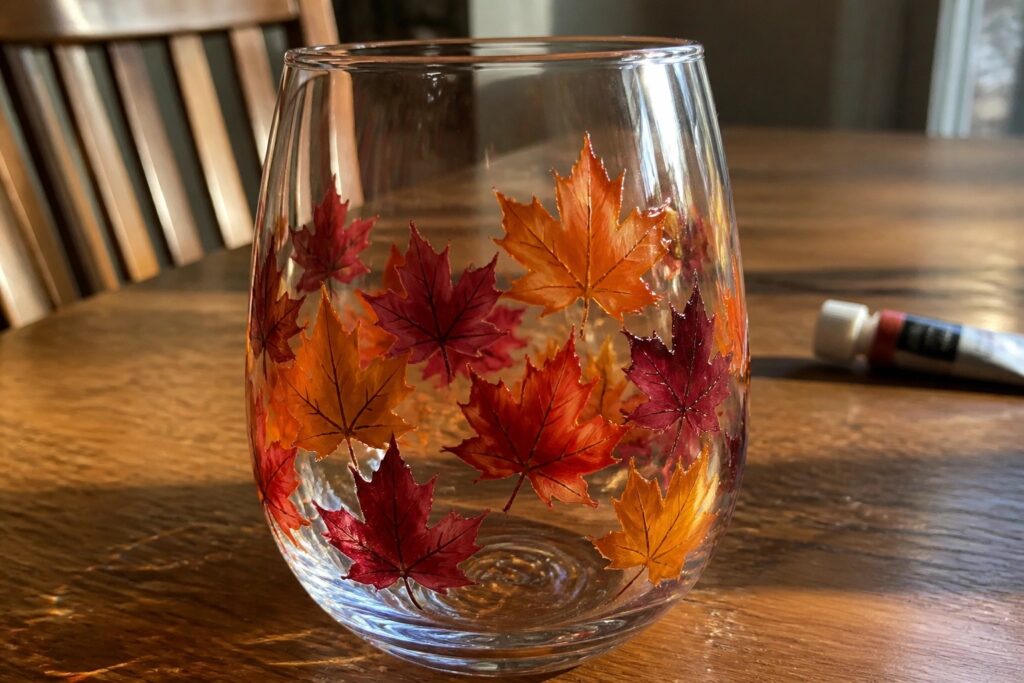 Clear stemless glass painted with red orange yellow maple leaves on wooden table