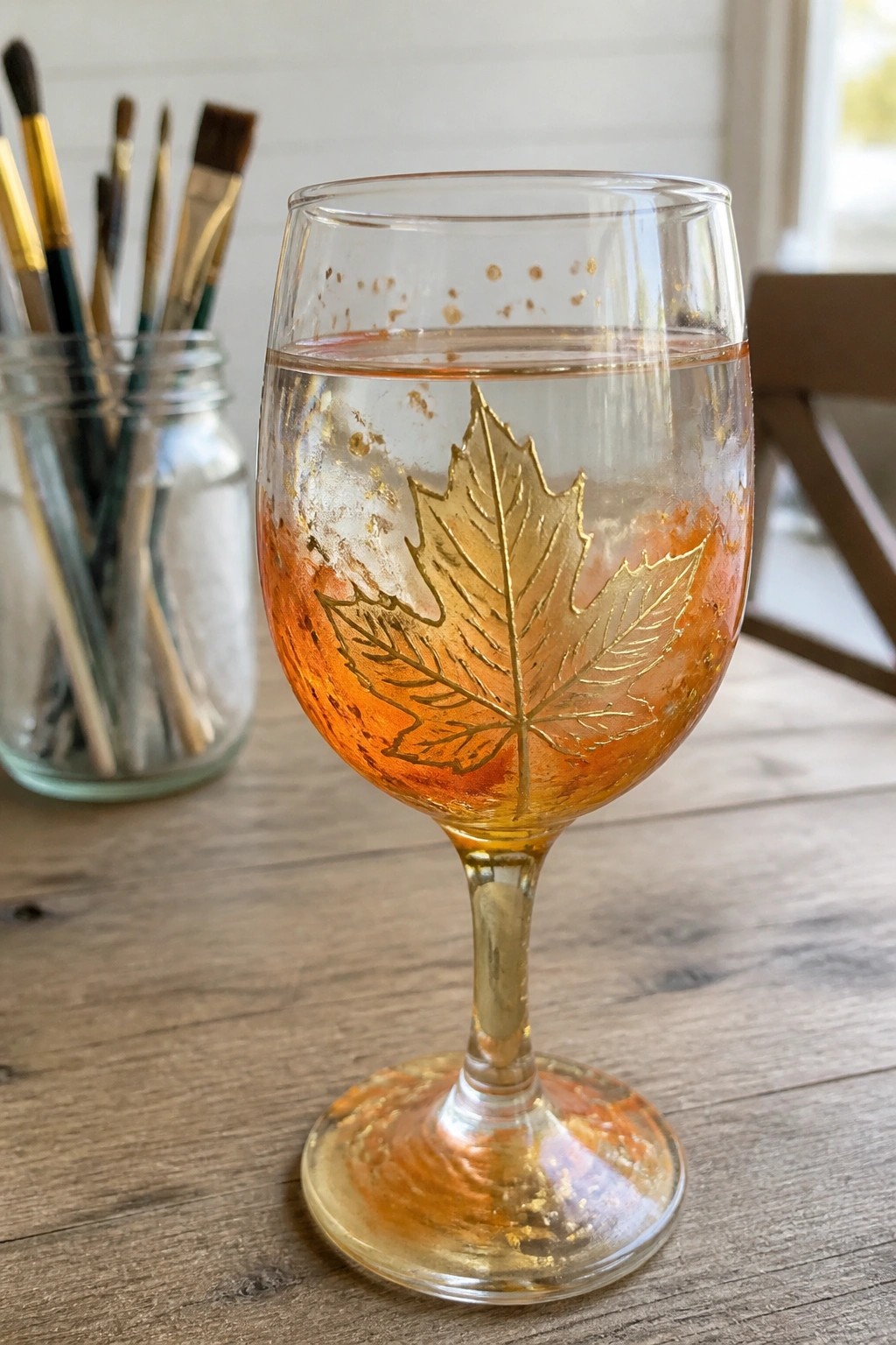 Gold maple leaf on wine glass filled with orange liquid on wooden table