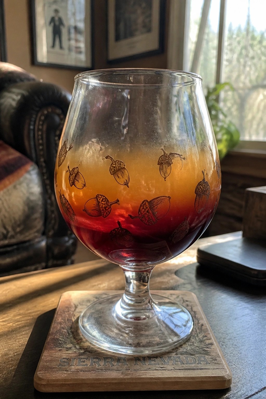 Acorn-etched glass with red-to-orange gradient liquid on Sierra Nevada coaster