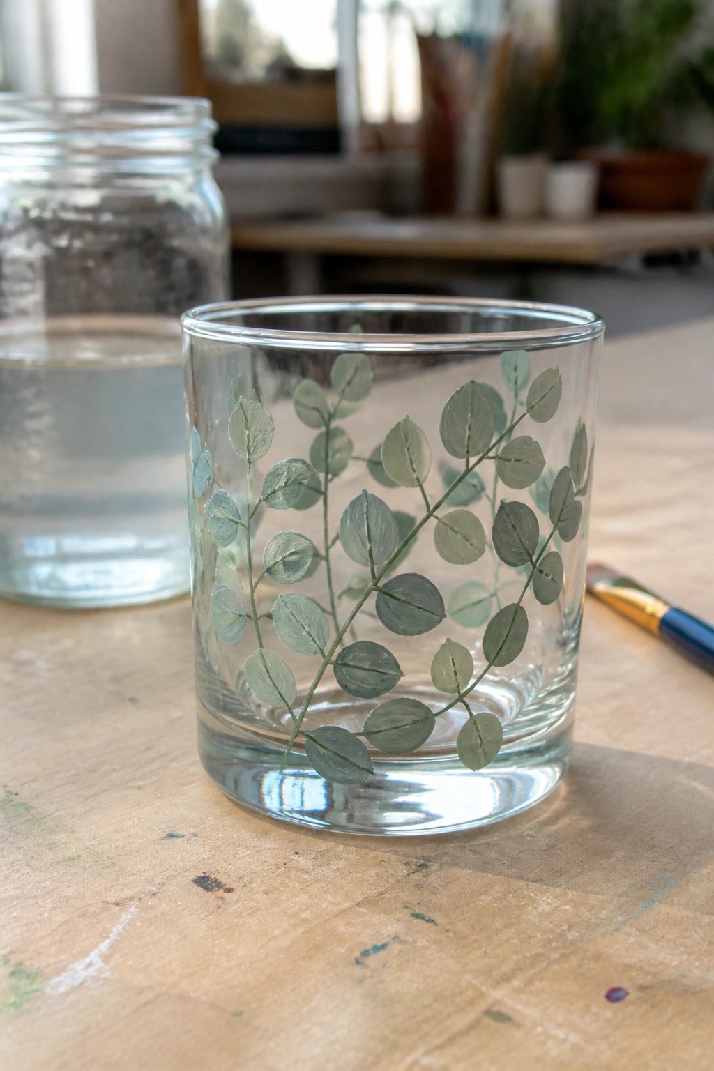 Clear glass tumbler hand-painted with green leaves on wooden table beside paintbrush
