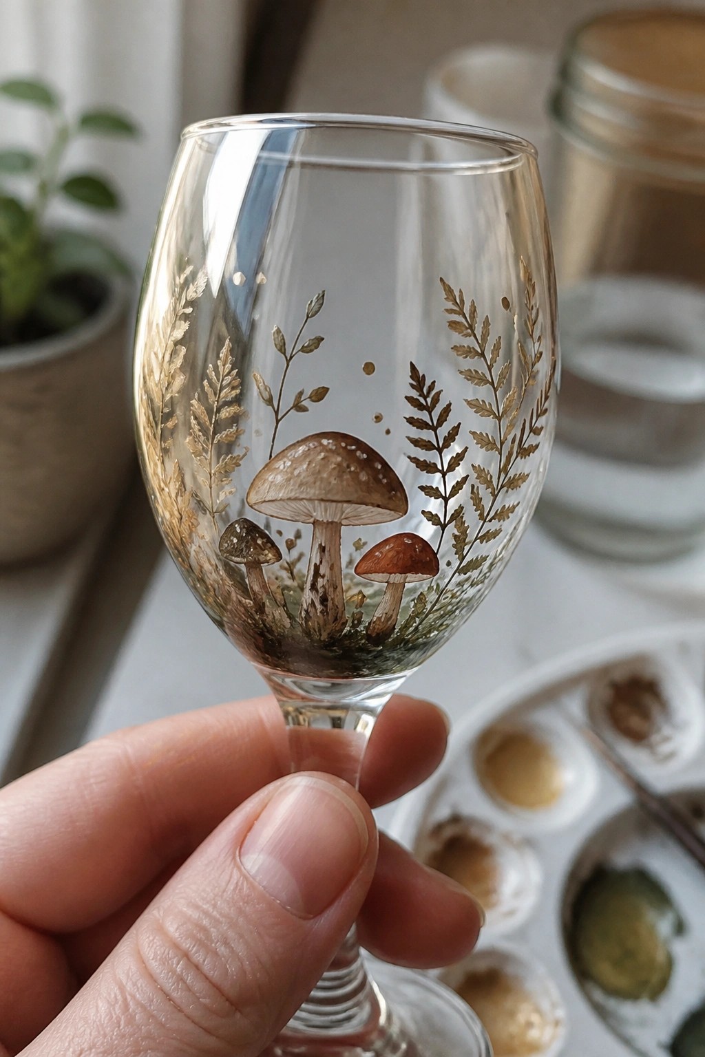 Hand holding wine glass painted with mushrooms, ferns, and gold accents near palette.