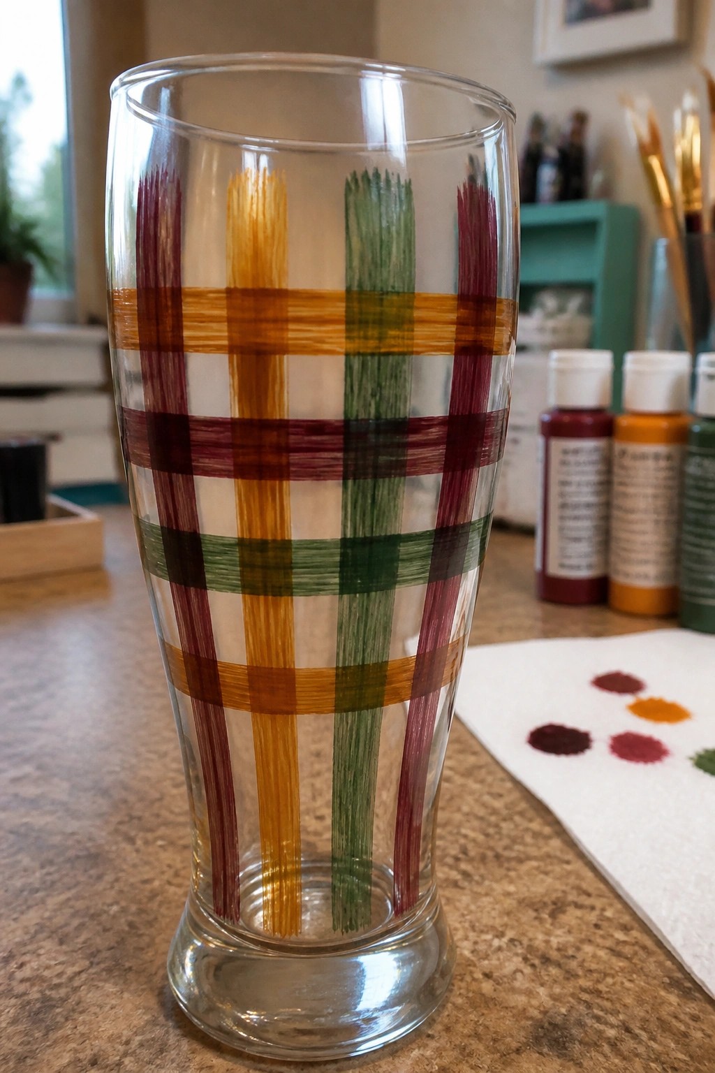 Tall glass with hand-painted plaid stripes in maroon, orange, and green