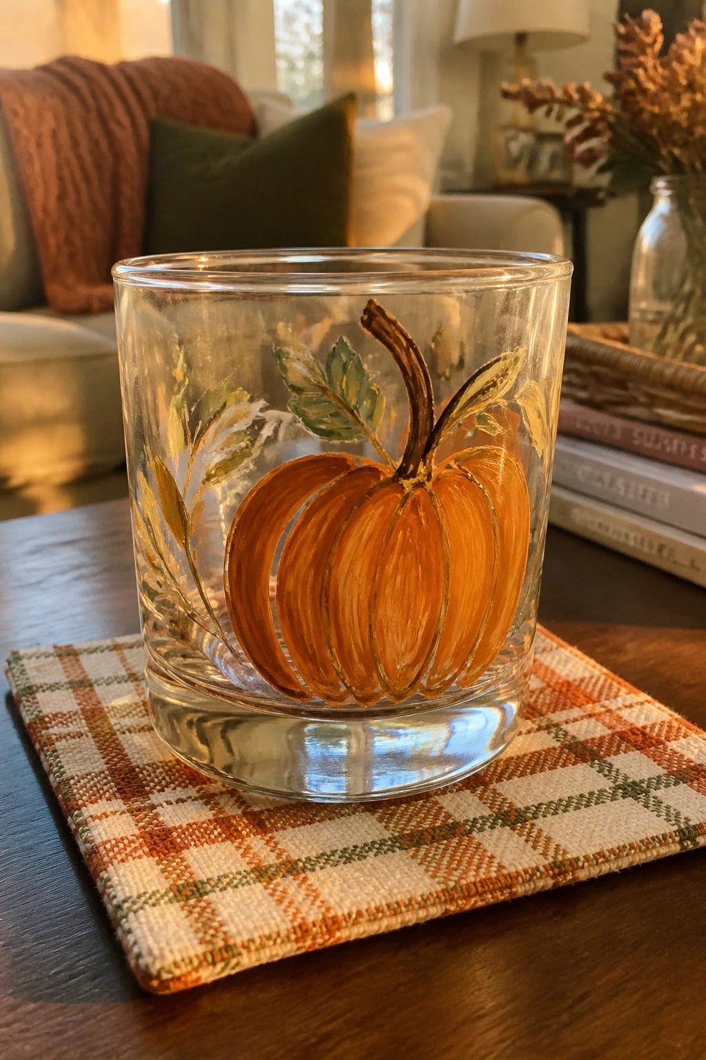 Clear glass tumbler with orange pumpkin painting on plaid coaster.