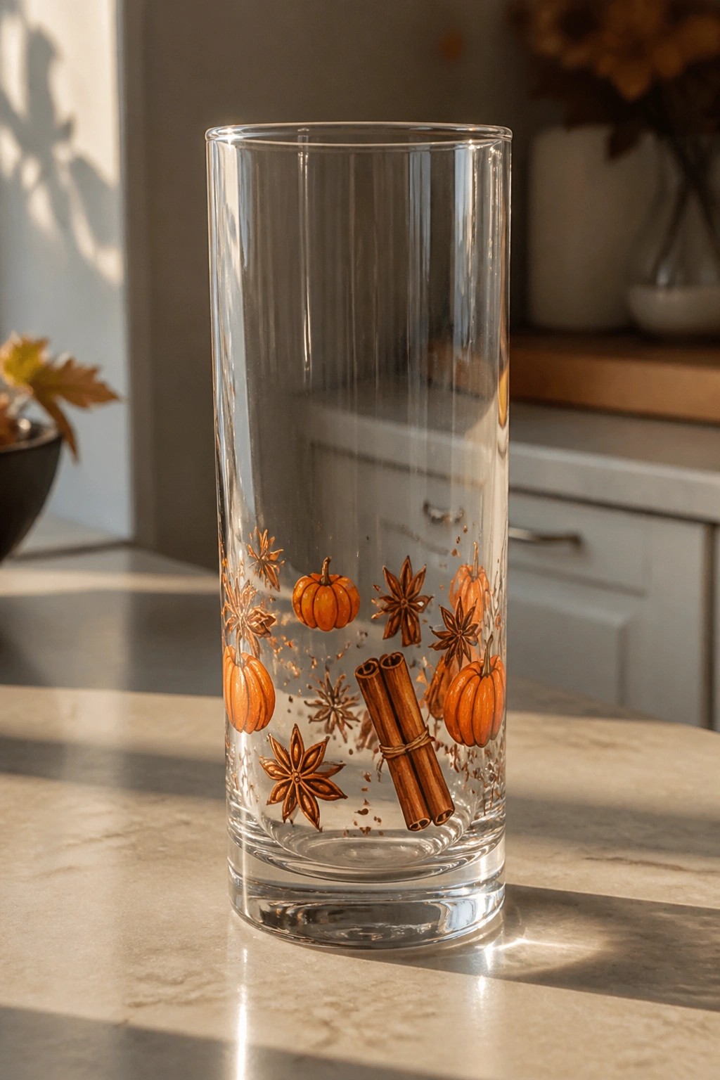 Tall clear glass with orange pumpkins, star anise, cinnamon sticks on marble counter