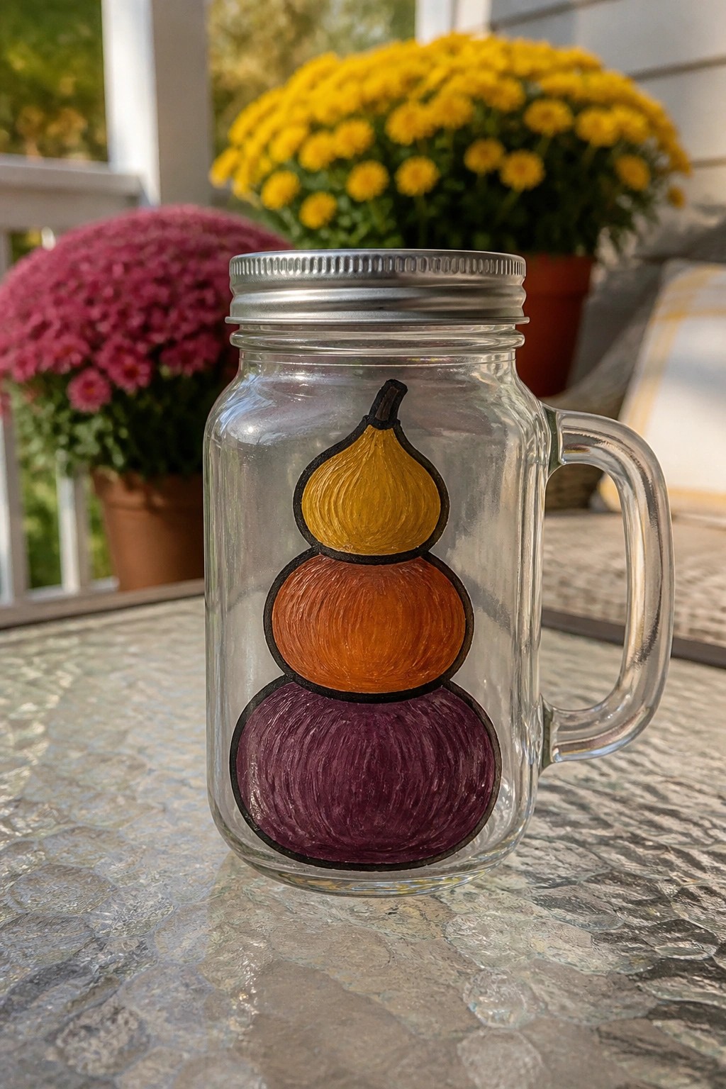 Glass mason jar mug with handle and lid painted with stacked yellow, orange, purple gourds.
